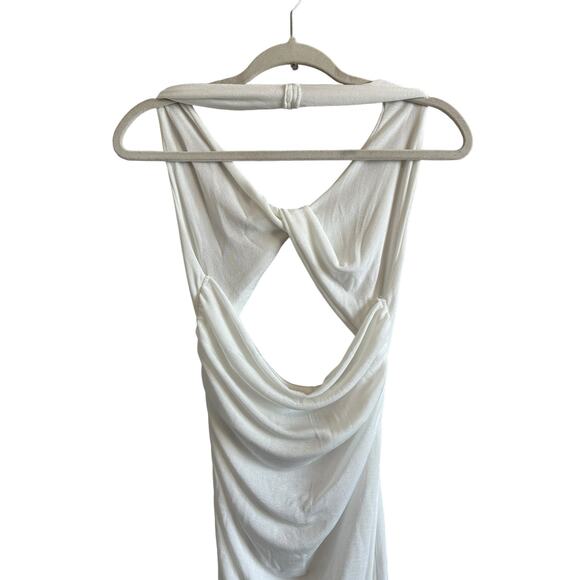 Micas Women's XL Optical White Sleeveless Twist Knot Backless Ruched Midi Dress - Picture 5 of 8